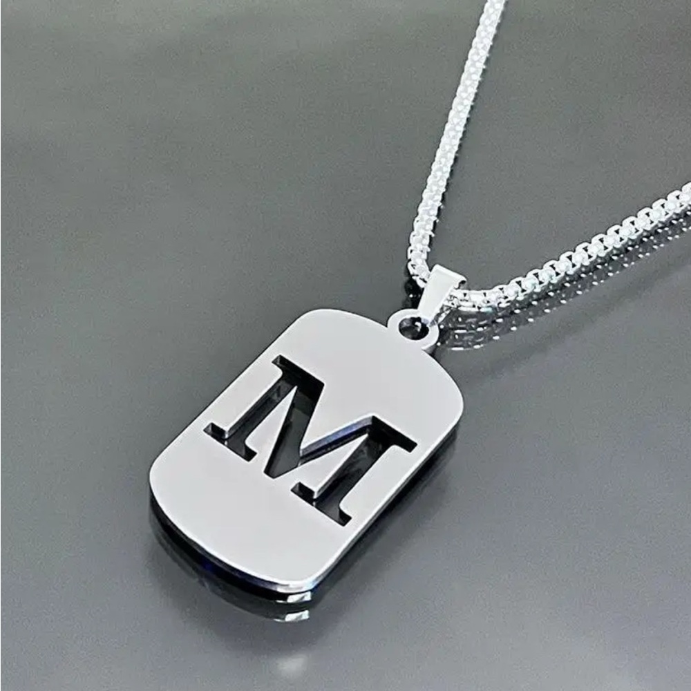 NWT Men's Silver Stainless Steel Initial M Dog Tag Pendant Necklace Chain